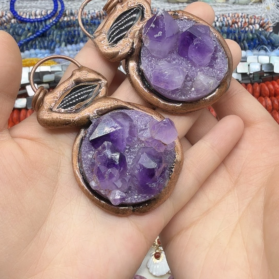 未镶嵌水晶珠宝半成品紫晶牙复古风一颗