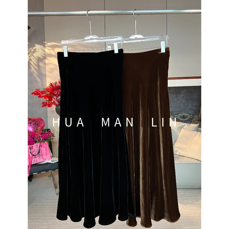 【花满林】两色内橡筋腰斜裁真丝桑蚕丝丝绒半裙265462