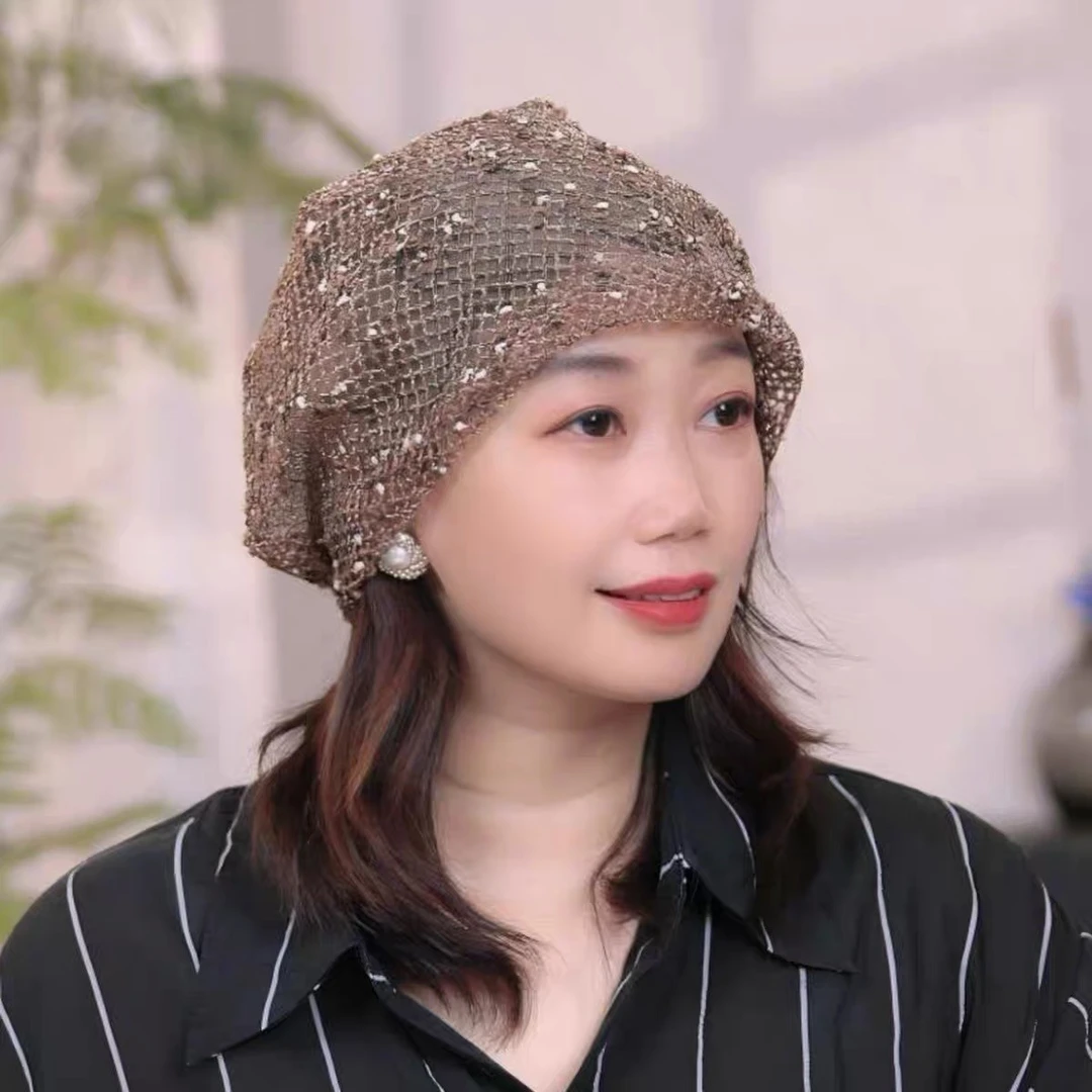 夏季新款薄款堆堆帽女镂空宽松显脸小时尚洋气中老年遮白发包头帽