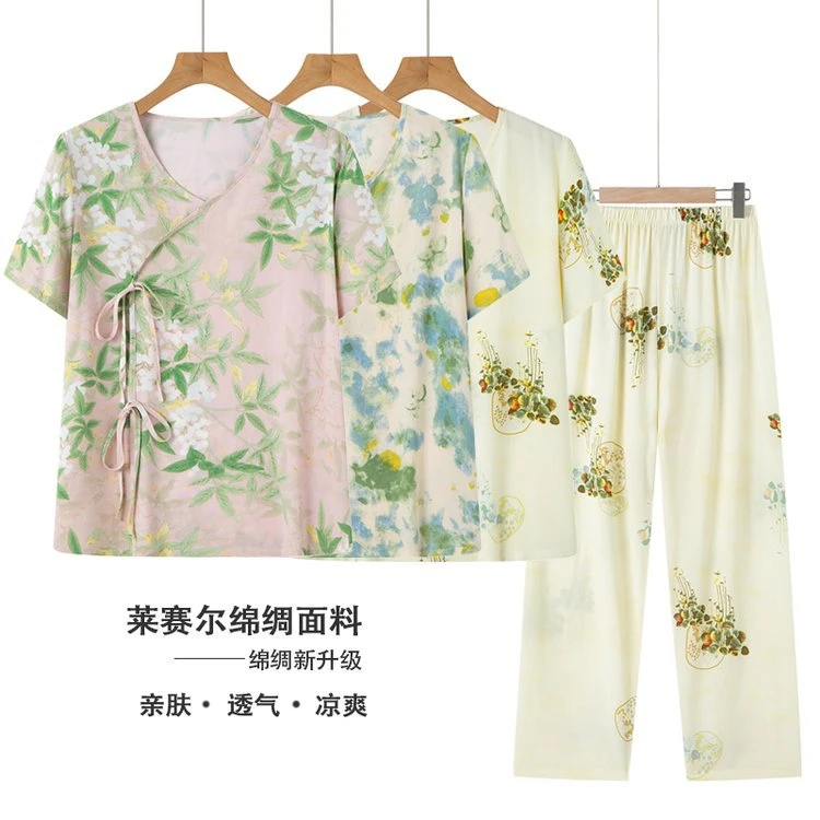 国风棉绸睡衣女士夏季薄款短袖长裤妈妈夏装莱赛尔天丝家居服套装