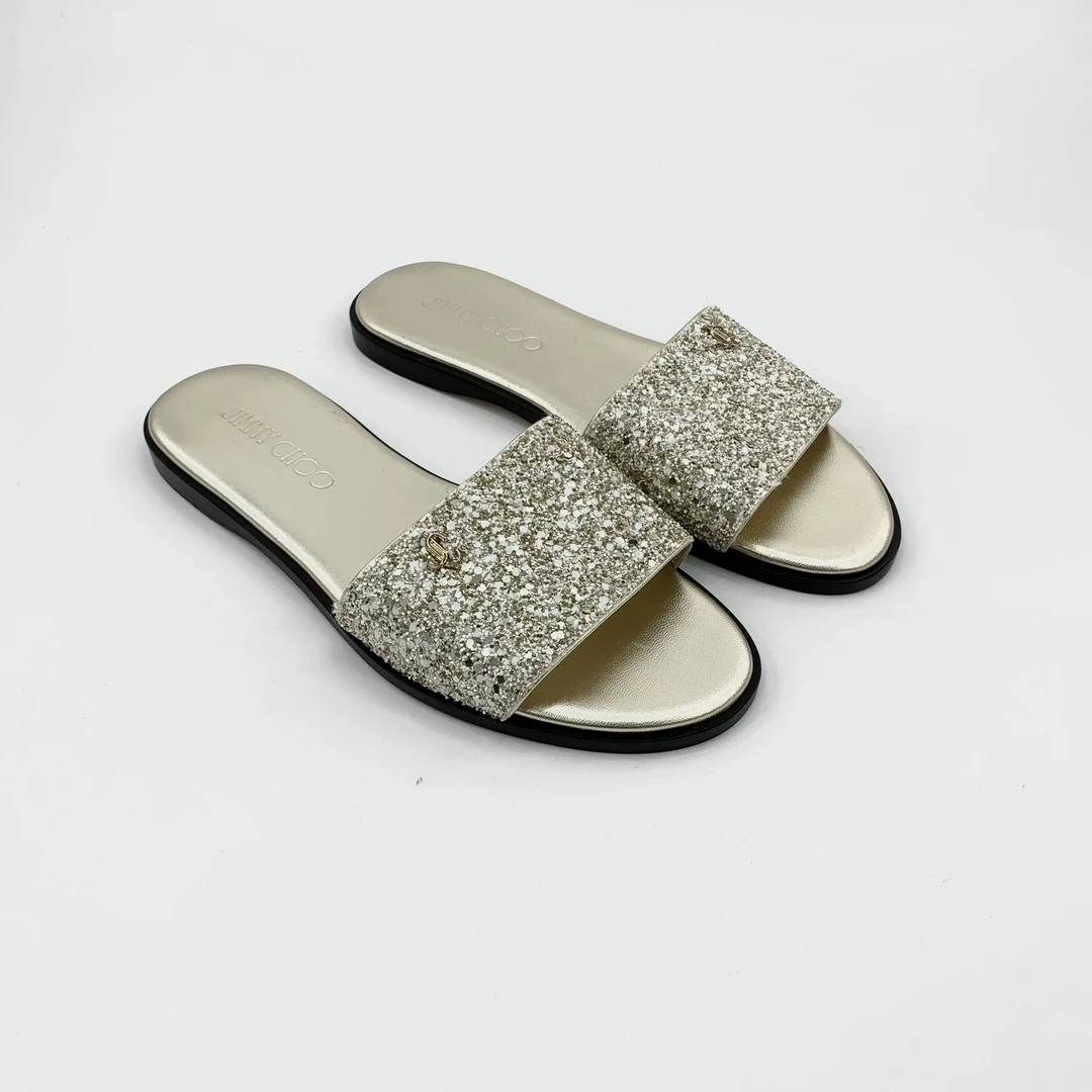 全新未使用 JIMMY CHOO/吉米周 36码金色亮片平底拖鞋/TT250253