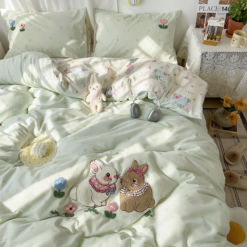 100%全棉毛巾绣四件套纯棉印花宿舍学生三件套单人双人被罩双面用