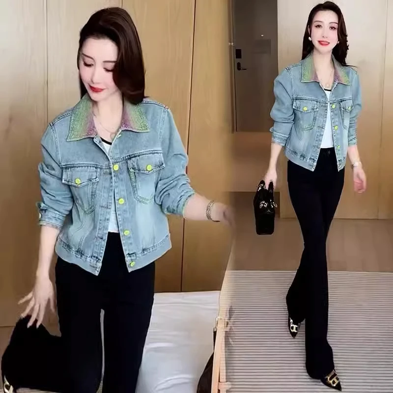 【有间】时尚牛仔短外套女春秋新款减龄显瘦渐变色翻领牛仔夹克上衣