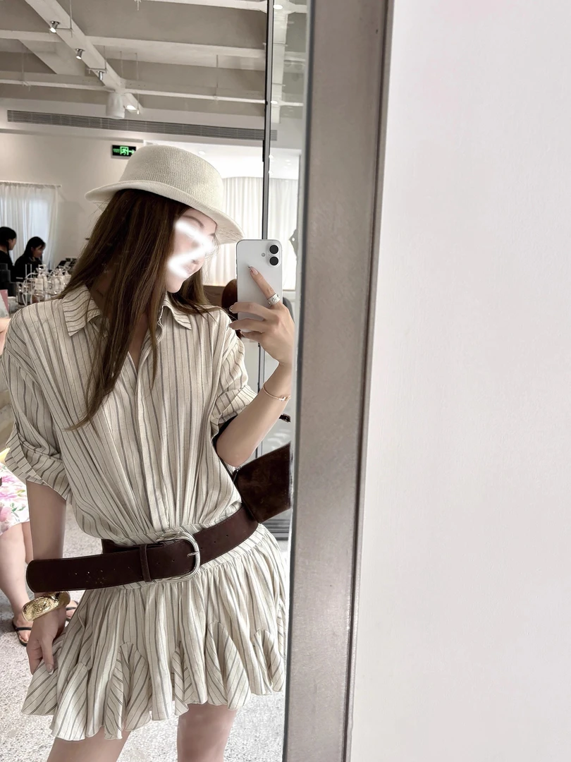 老钱风-衬衫连衣裙条纹宽松短裙女秋季时尚气质法式插片裙