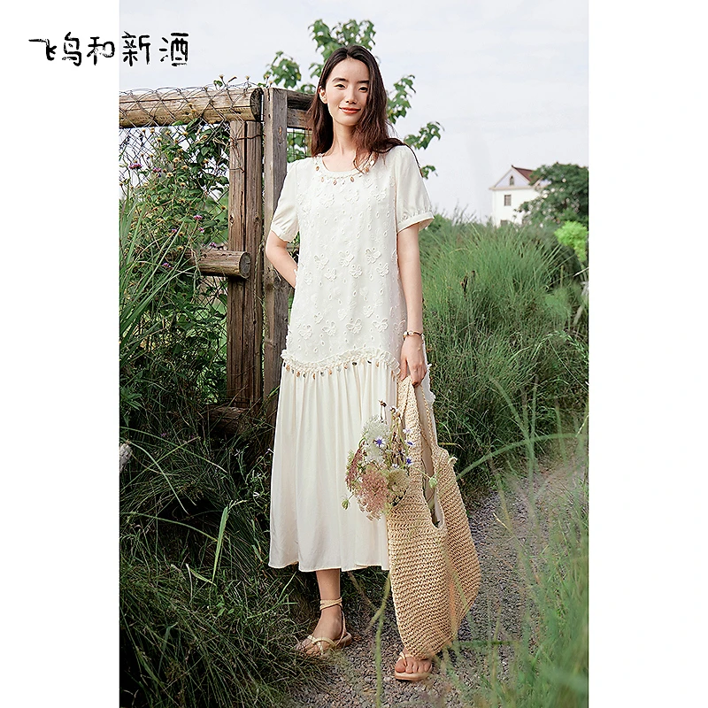 【新】飞鸟和新酒短袖拼接蕾丝连衣裙夏季中长款时尚女裙FD53182094