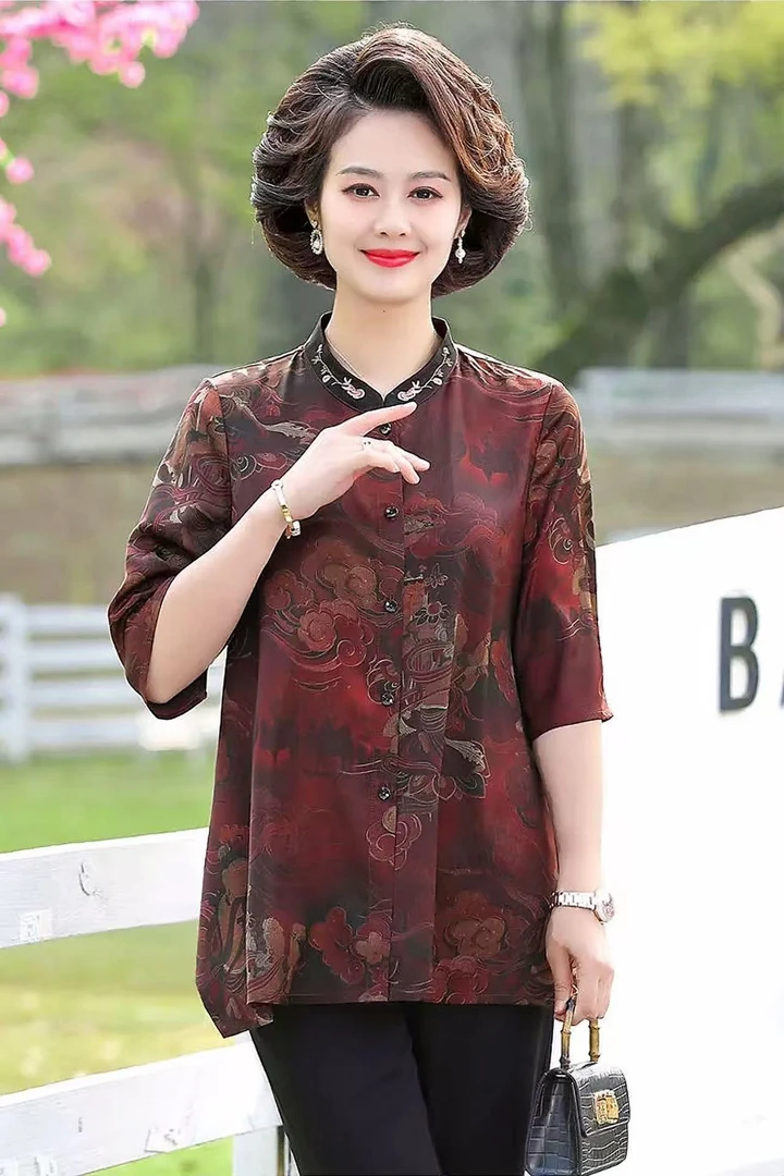 2673【祥瑞红】五分袖立领中长款夏薄款衬衣中老年妇女洋气宽松时尚