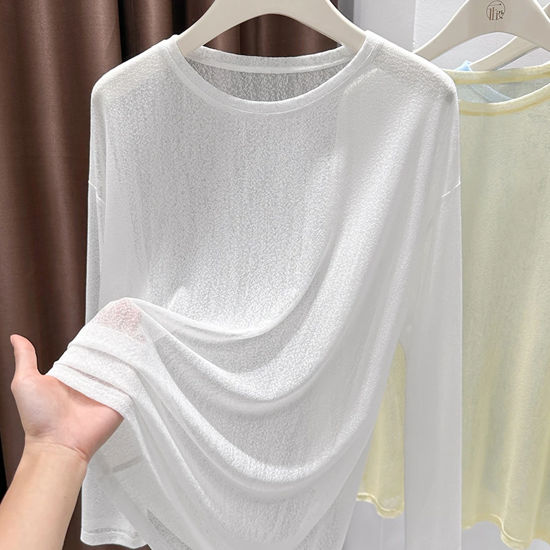 慵懒风宽松长袖小罩衫女春秋款透明纱衣百搭简约圆领轻薄冰丝上衣