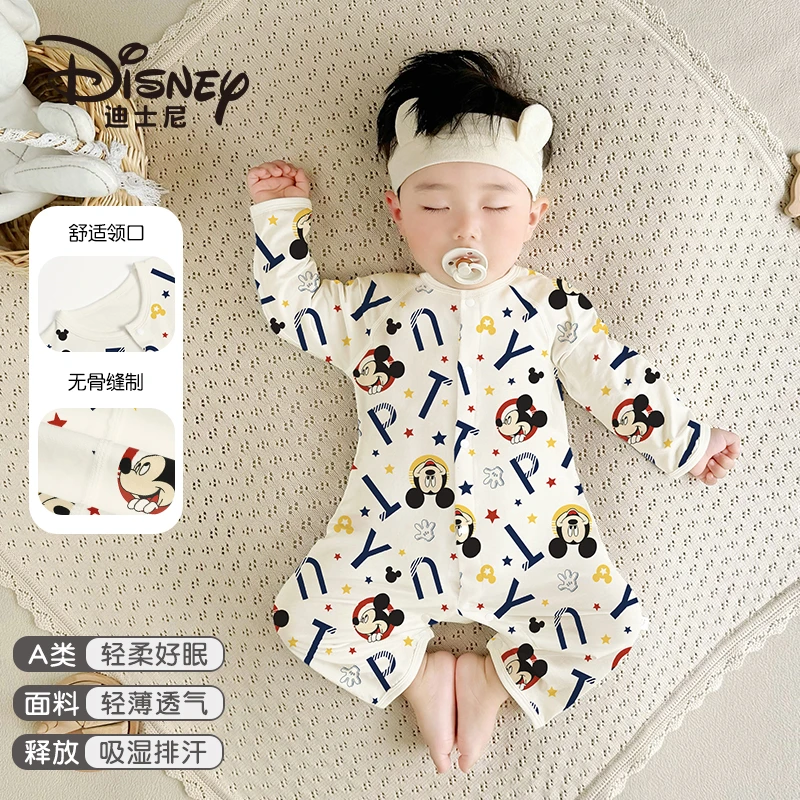 迪士尼联名100%纯棉婴儿哈衣长袖新生儿满月百天米老鼠连体衣爬服