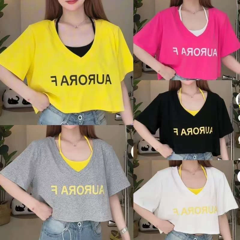 2025夏季新款韩版时尚性感字母印花V领短袖防晒