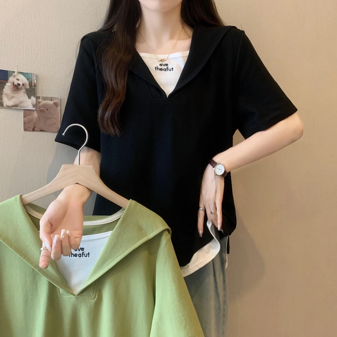 大码夏季新款设计感假两件海军领胖mm宽松显瘦短袖t恤