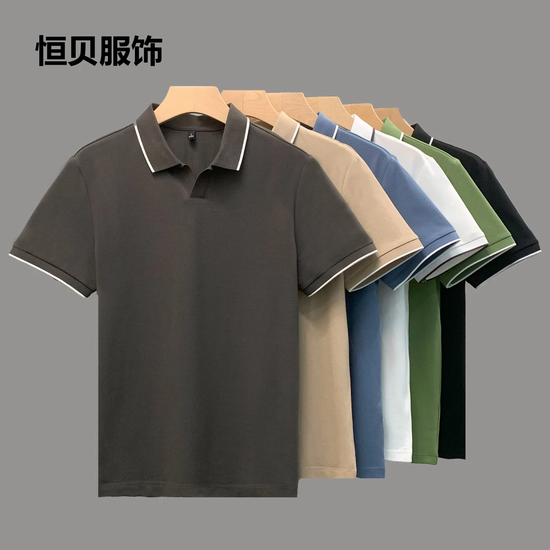 【恒贝】男士夏季无扣条纹商务Polo衫纯色短袖polo上衣