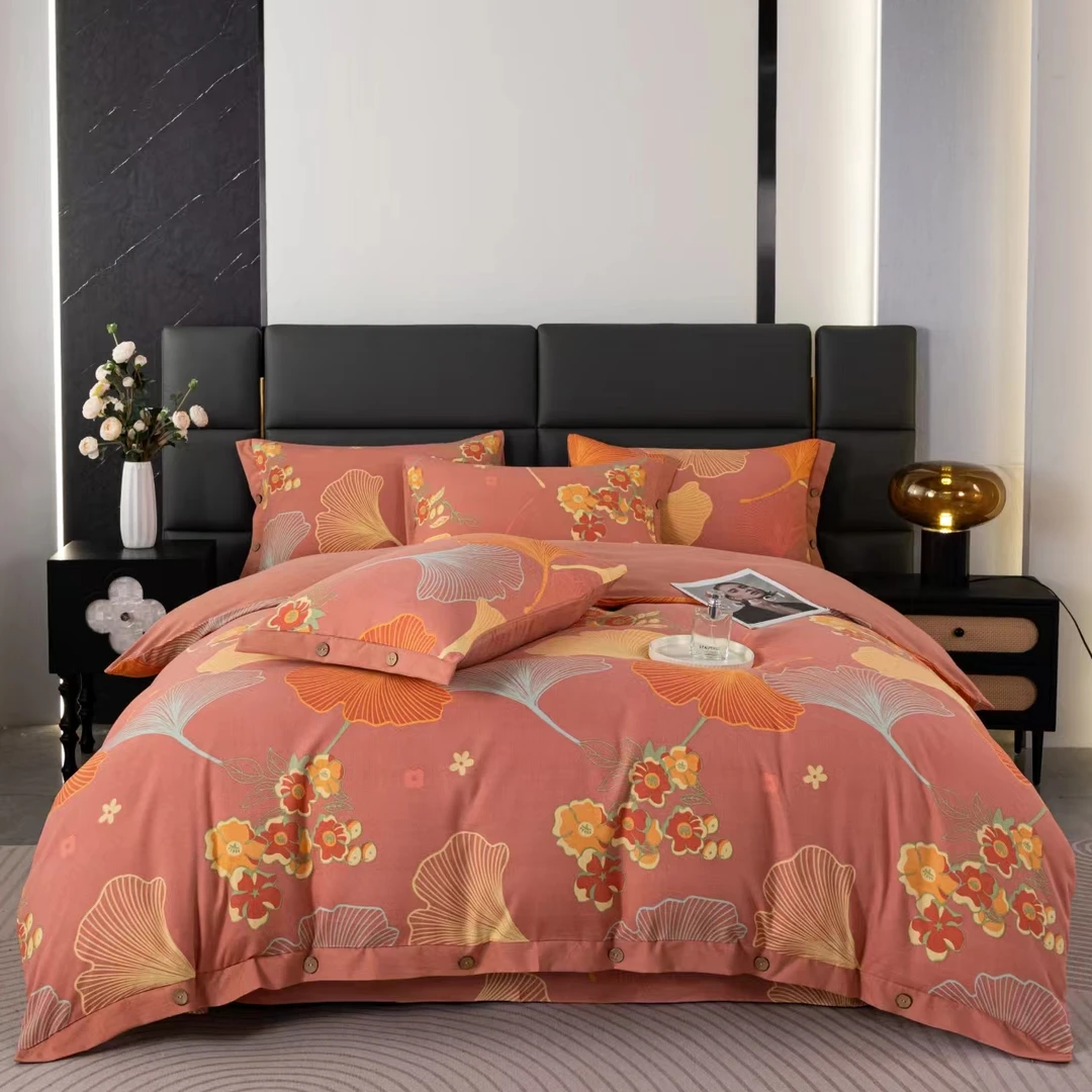 【董事长专属】 轻奢色织双层纱亲肤四件套-银杏叶-豆沙