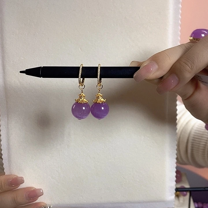 锂辉石银S925镶嵌紫锂辉高冰收藏级耳环15+