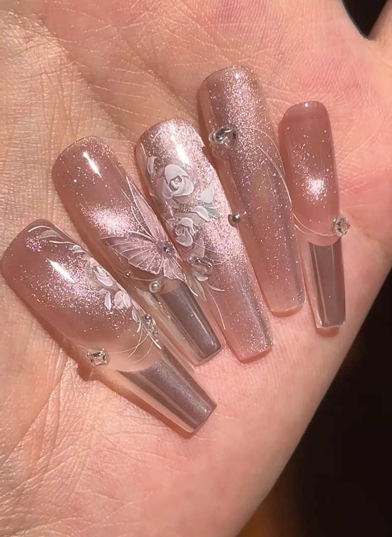 手工穿戴甲气质女神爆闪手绘蝴蝶花卉显白长款御姐风