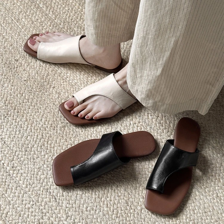 1.5CM头层羊皮法式极简凉拖女夏季外穿百搭小众平底超软懒人拖鞋