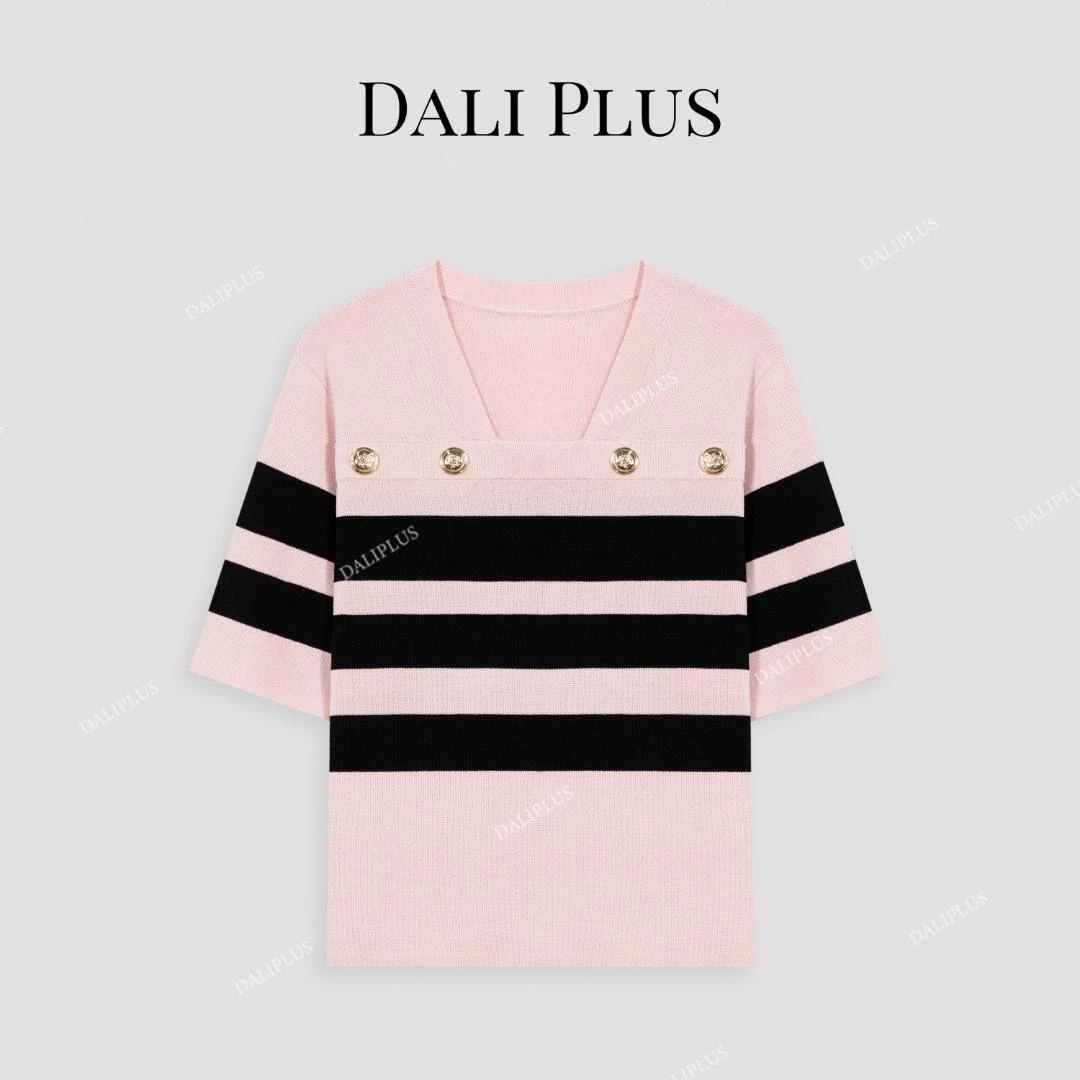 高奢线经典条纹 法式复古撞色金属扣针织短袖-D5BL1035