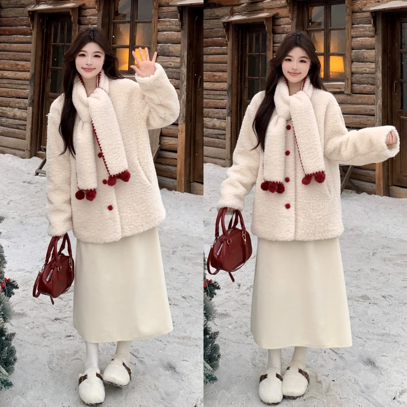孕妇装2026秋冬时尚洋气加厚毛绒外套搭半身裙宽松韩版孕妇套装