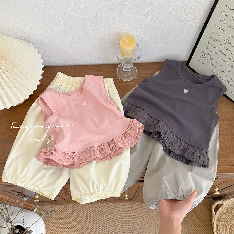 K287女童夏季套装新款爱心扣子背心女宝宝时尚洋气休闲款品质童装