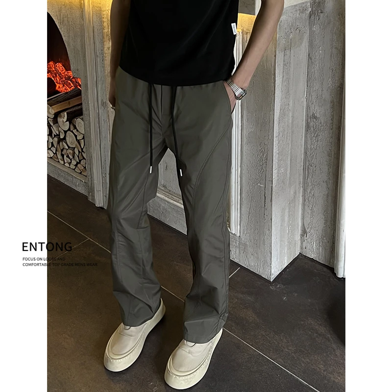 Entong美式基础斜切休闲裤男款夏季黑色直筒宽松显高显瘦百搭长裤