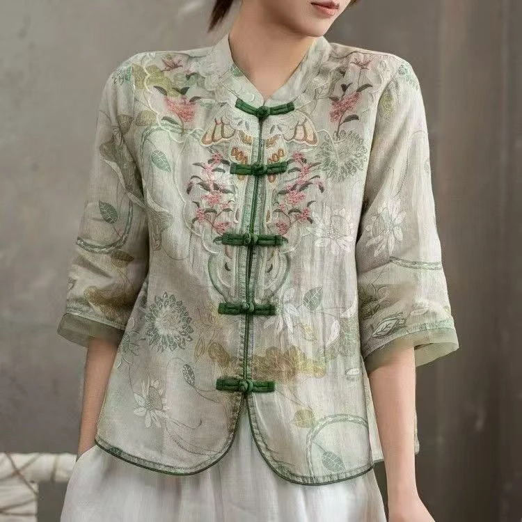 纯色立领碎花刺绣女装印花复古文艺春夏