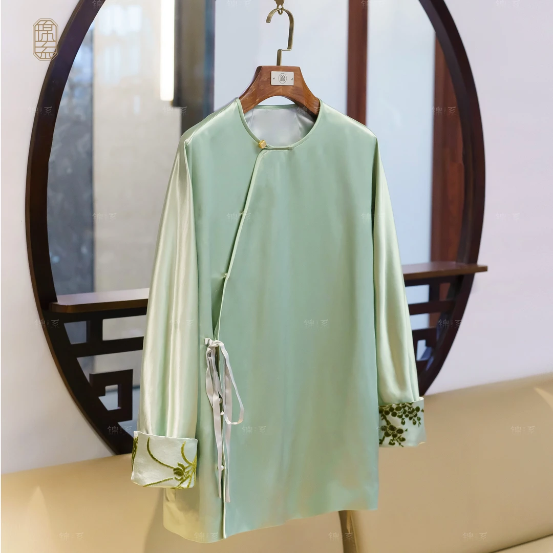 【新款~推荐】丝毛缎桑蚕丝袖口撞色圆领斜襟长袖上衣-E-382436