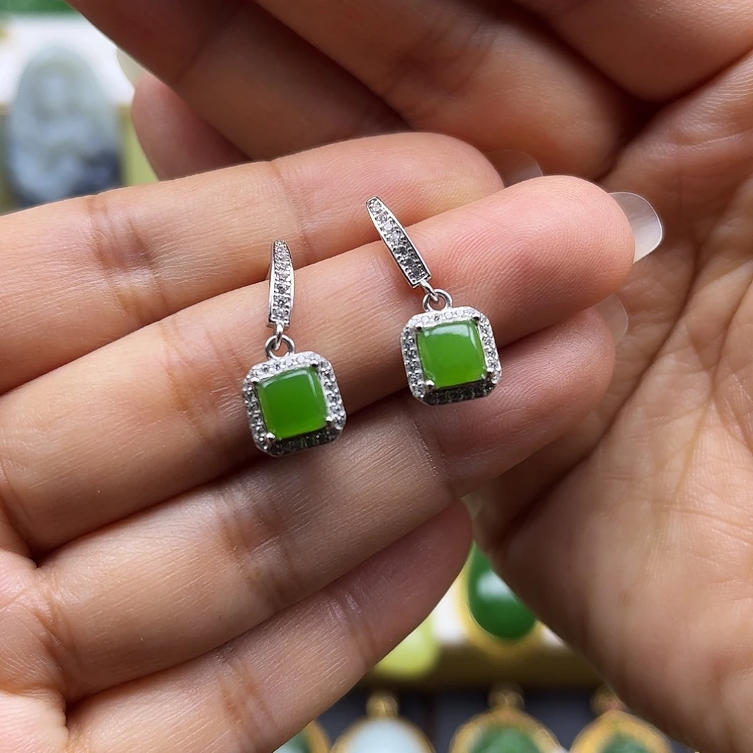 和田玉银S925镶嵌耳饰