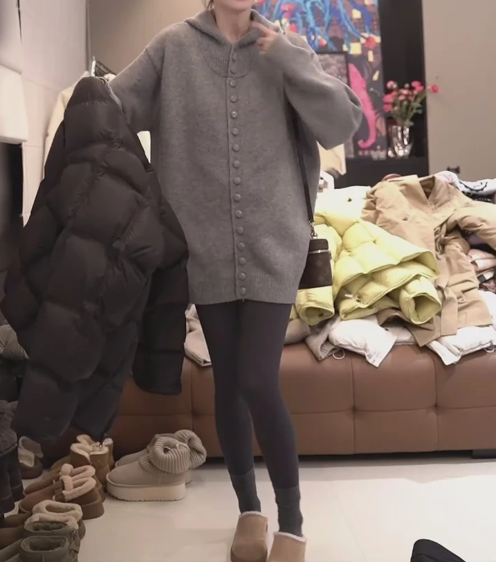 秋冬新款灰色连帽毛衣慵懒风洋气针织外套中长款宽松韩版百搭