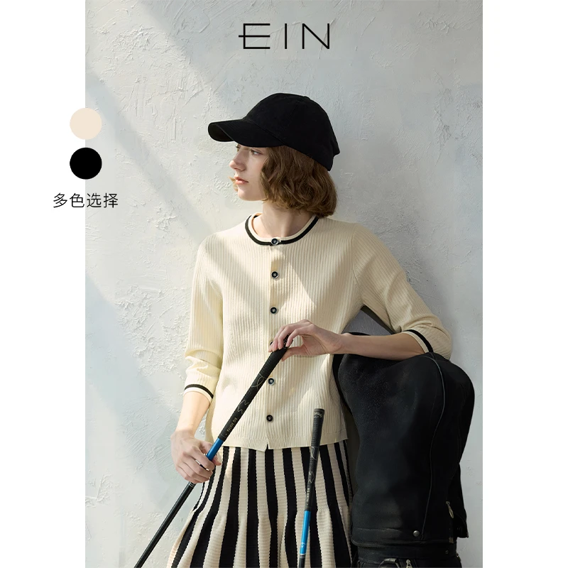EIN/言轻简高智感撞色圆领都市摩登休闲文艺针织开衫2025春夏新款