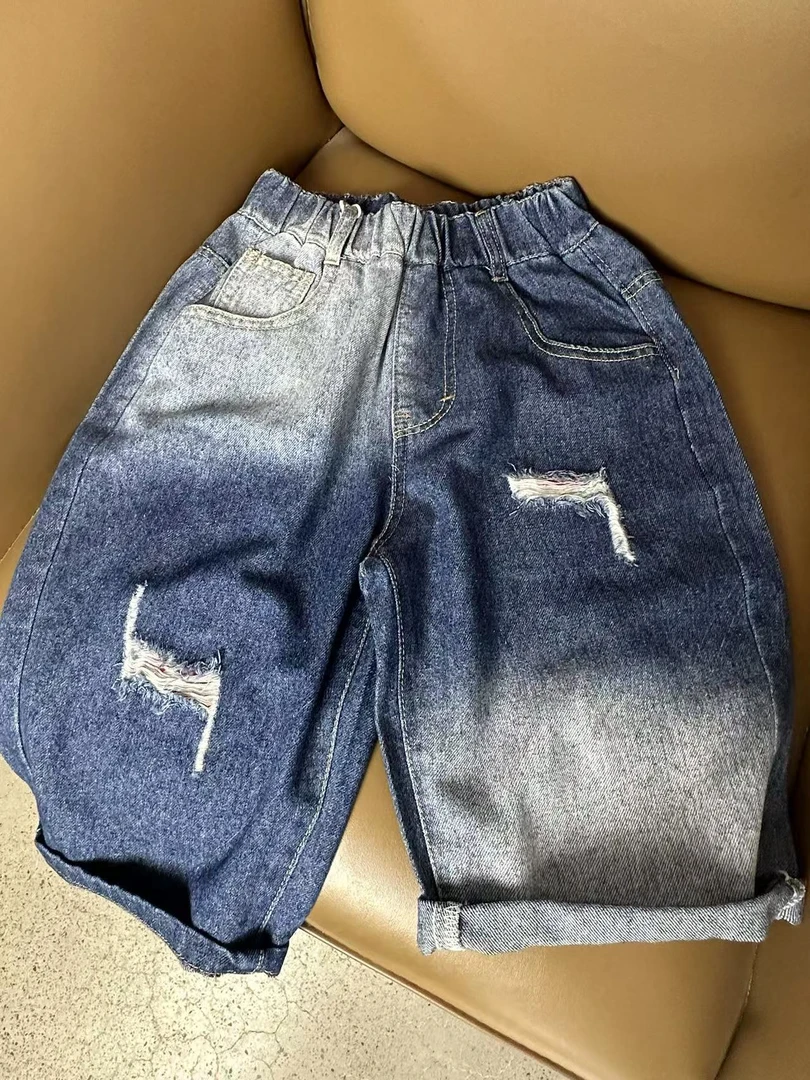 舅舅严选童装儿童夏季韩版宽松时尚百搭休闲破洞牛仔中裤D88031