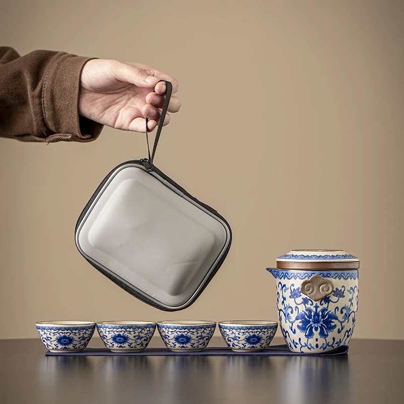 汝窑旅行功夫茶具套装便携式快客杯茶水分离陶瓷户外泡茶杯