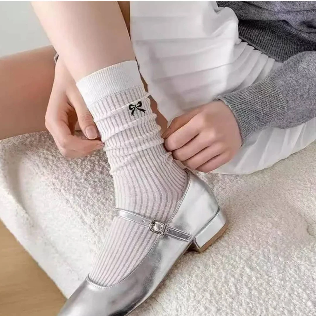 春夏季纯色透气网眼棉蝴蝶结刺绣芭蕾风直板堆堆袜袜子袜子可爱