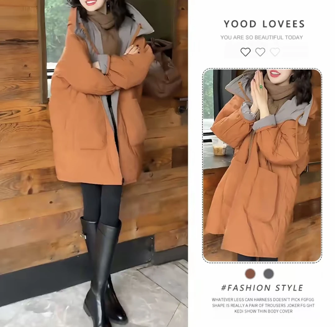 显白气质欧版中长款棉服外套女冬季新款大码宽松慵懒时尚棉衣袄子