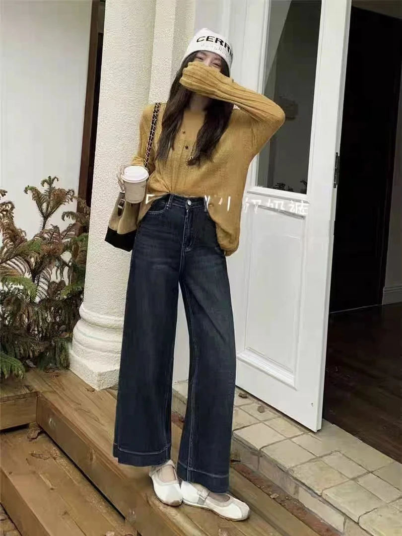 6685秋季阔腿裤女款直筒裤牛仔裤复古时尚高腰裤子X