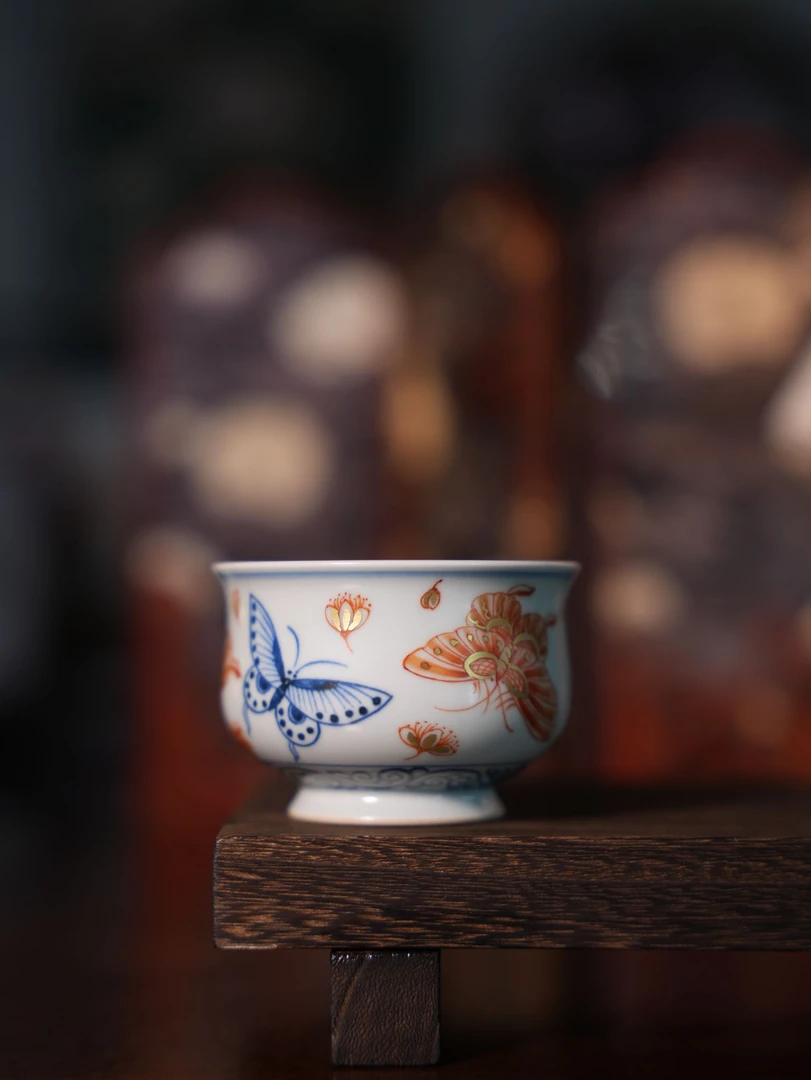 蝶恋花青花矾红描金炉式主人杯创意泡茶杯功夫茶具