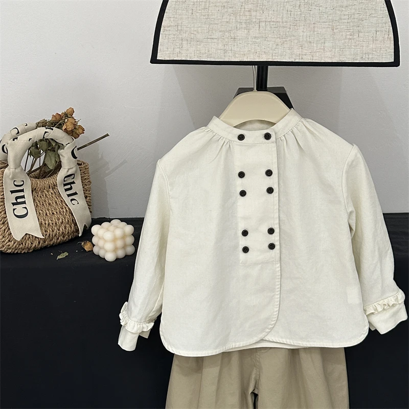 现货【美拉德】女童法式衬衫春秋新款儿童装设计感小众亚麻气质上衣
