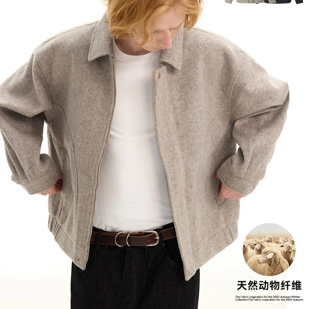 羊毛重磅双面尼夹克老钱风毛呢外套男秋冬新款保暖短款