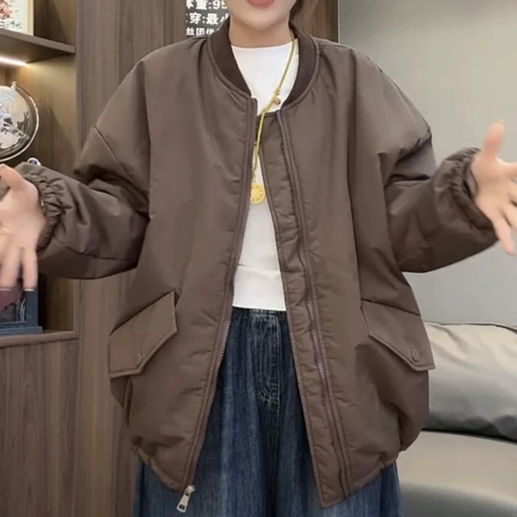 棒球服二棉欧货2025秋季新款百搭圆领单排扣纯色简约棉服外套女潮