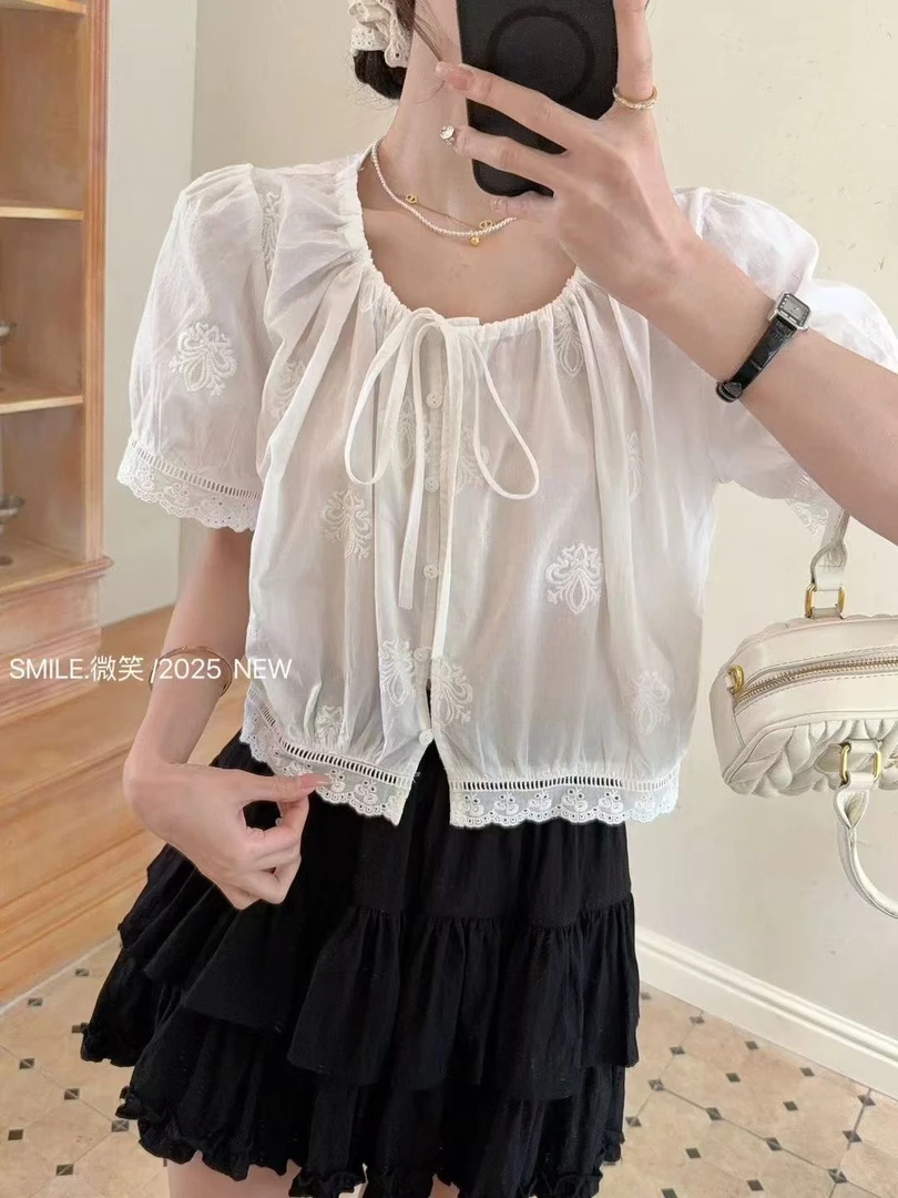 大娟2525夏季法式气质百搭短款设计感系带短袖小开衫