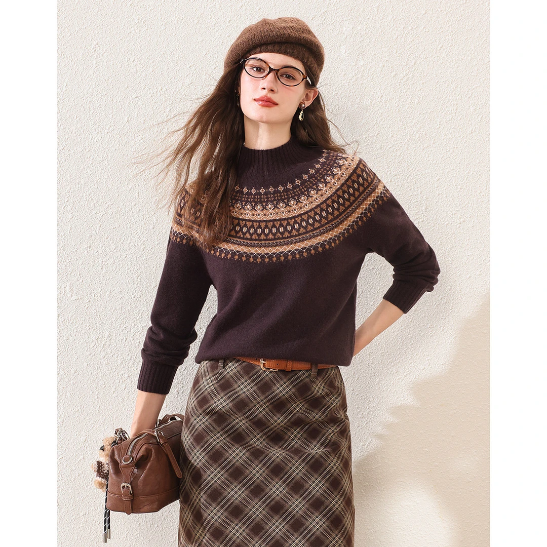 赛兔100%羊毛衫女无缝英伦费尔岛提花羊毛衫202255057