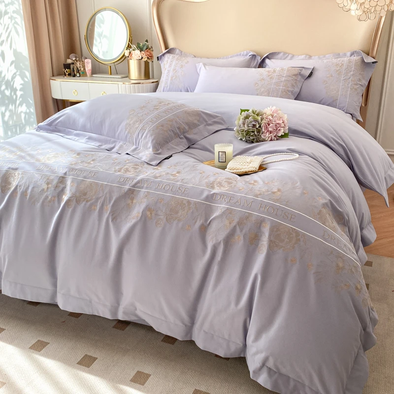 富安娜系列轻奢A类200支加厚纯棉四件套高端奢华刺绣全棉床单床笠