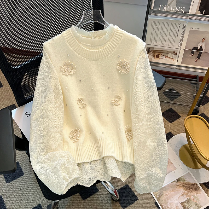 甜美圆领立体花朵毛衣背心+蕾丝长袖衬衫两件套减龄女装2025春季