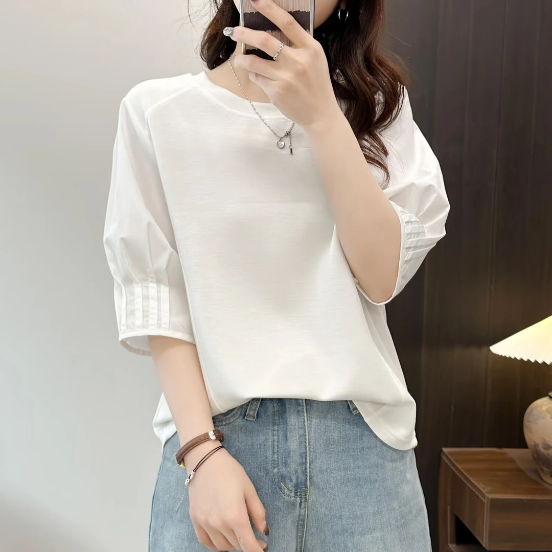 微胖大码女装夏装新款圆领拼接褶皱显瘦上衣百搭短袖T恤