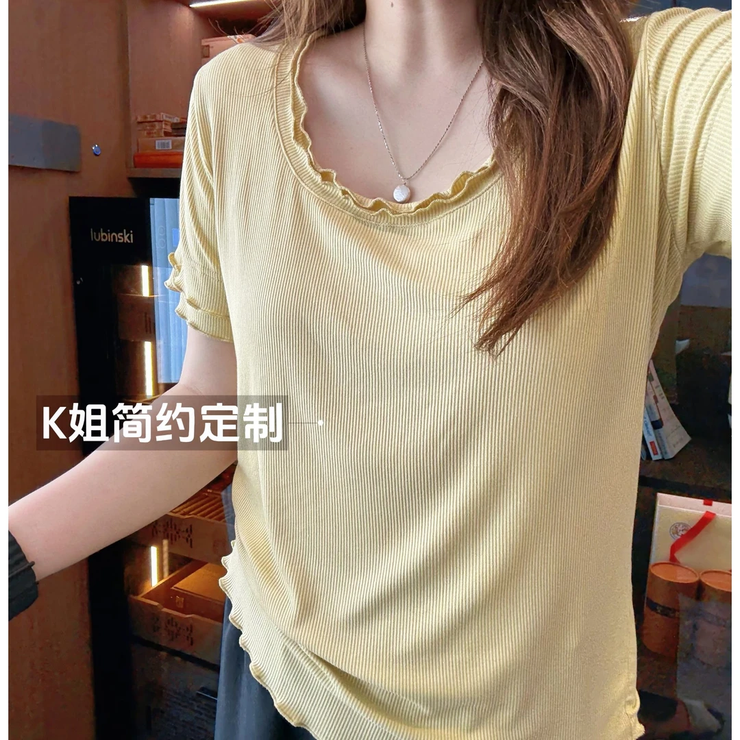 GTNER“KK定制”木耳边短袖T恤夏季薄款圆领宽松上衣D1989