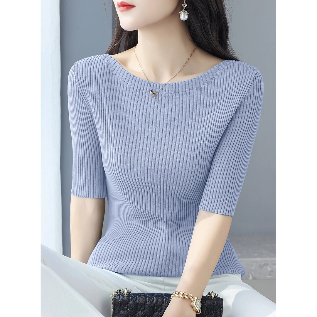 秋季时尚一字领五分袖百搭针织内搭女装洋气肌理设计修身打底上衣