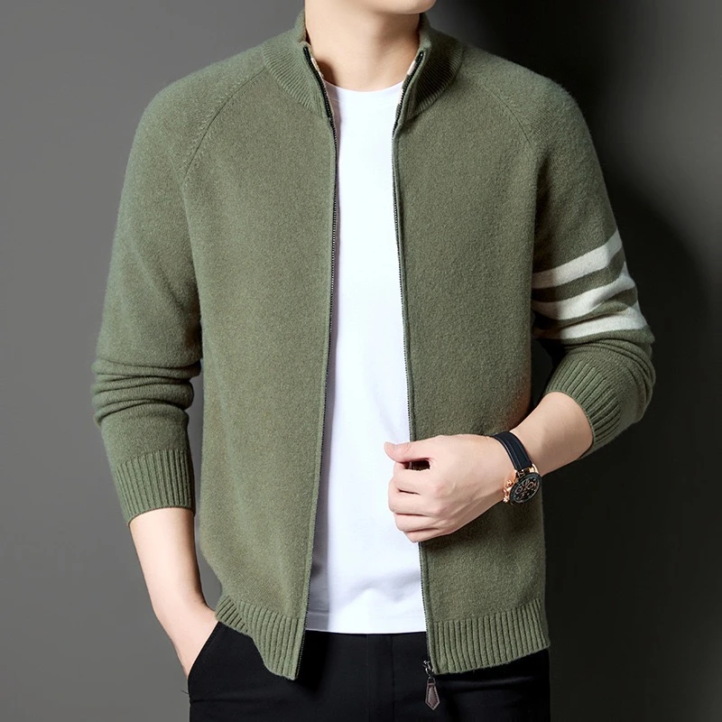 100%绵羊毛加厚秋冬拉链开衫全羊毛外套休闲时尚9针羊毛开衫外套