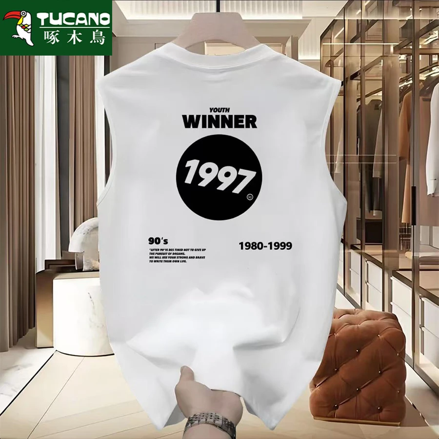 啄木鸟纯棉t恤百搭夏季男士韩版宽松半袖圆领上衣印花无袖体恤白