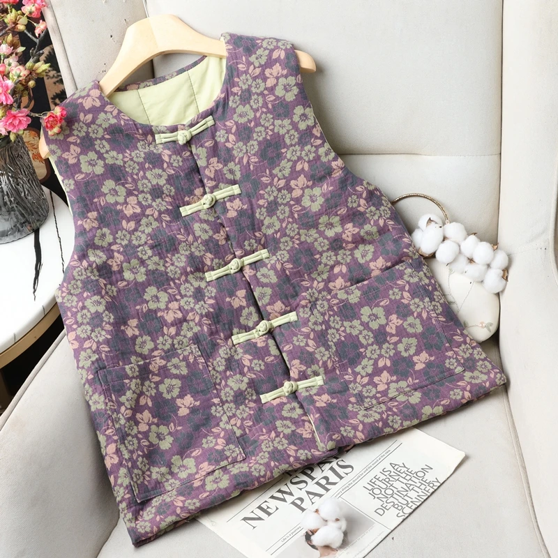 2025新款中式国风纯棉花马甲女款冬季双层纱复古碎花坎肩保暖马夹