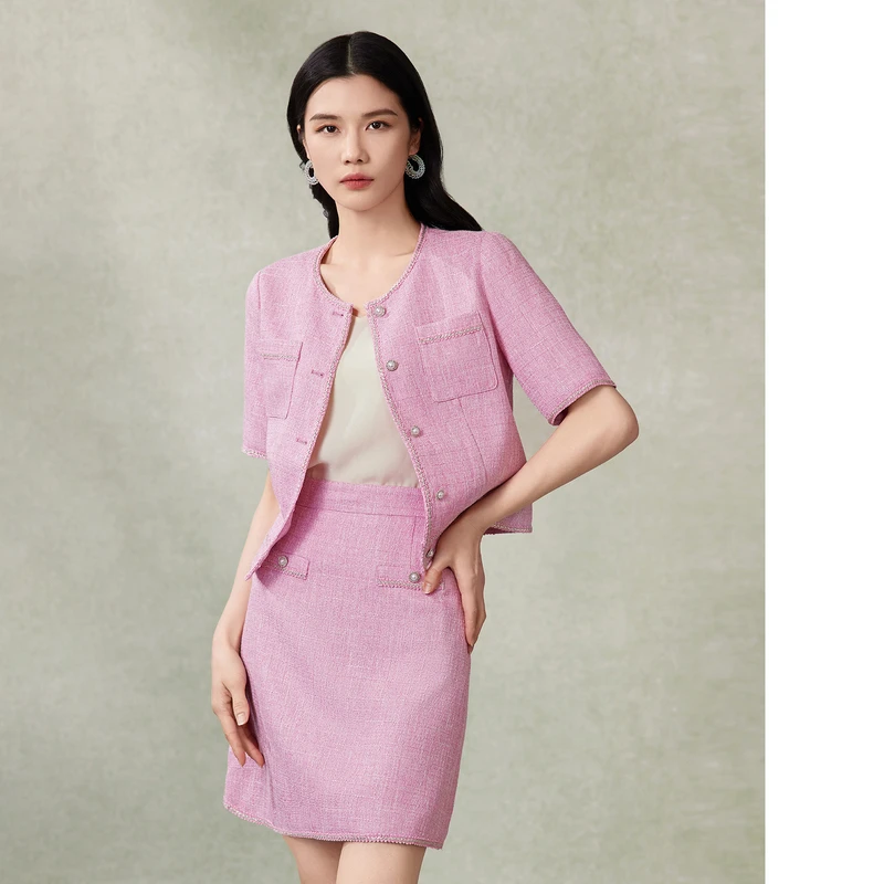 【晨粉专享价】【名媛香风套装】粉蓝衣橱气质花纱料开衫半裙粉色两件