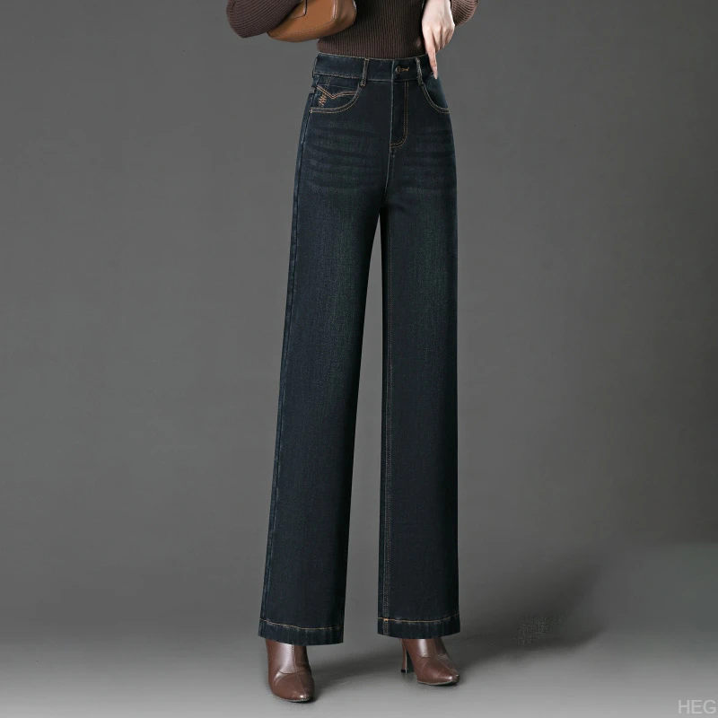 蓝色窄版阔腿牛仔裤女秋冬2025年新款休闲高腰宽松大码女士长裤子