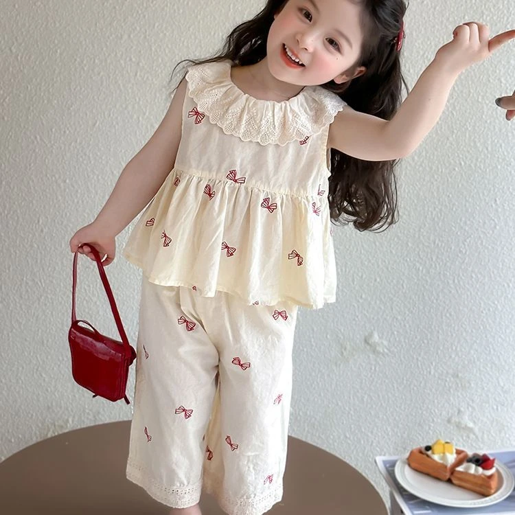 202525新款韩版夏款女童无袖花边套装儿童夏季公主风时髦蝴蝶结休